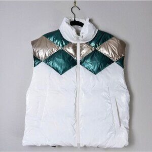 NEW Eaves Margot Puffer Vest S Green Gold Diamond Metallic Iridescent Plush